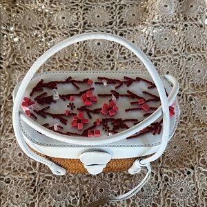 Elliott Lucca Chic White and Red Beaded Mini Bag Straw Bottom